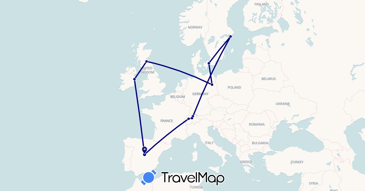 TravelMap itinerary: driving in Switzerland, Germany, Denmark, Spain, United Kingdom, Ireland, Sweden (Europe)